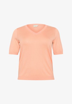 V-neck short-sleeve top in soft peach knit fabric, featuring a relaxed fit and subtle texture, ideal for casual wear.