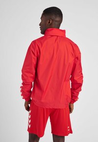 Rote leichte Jacke mit hohem Kragen, elastischen Bündchen und Logo-Akzenten an den Ärmeln, kombiniert mit passenden roten Shorts im sportlichen Design.