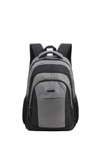 Zaino grigio scuro e grigio chiaro realizzato in tessuto resistente, dotato di spallacci regolabili, manico superiore e numerose tasche con cerniera.
