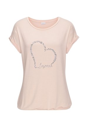 Hellrosa Kurzarm-T-Shirt mit umgeschlagenen Ärmeln, das ein Herzdesign aus kleinen schwarzen Punkten und das Wort "Lascana" in Schreibschrift zeigt.