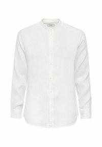 Biała koszula z długim rękawem, wykonana z lnu, z kołnierzykiem typu band, z przodem na guziki i małym haftowanym logo na piersi.