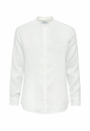 Biała koszula z długim rękawem, wykonana z lnu, z kołnierzykiem typu band, z przodem na guziki i małym haftowanym logo na piersi.