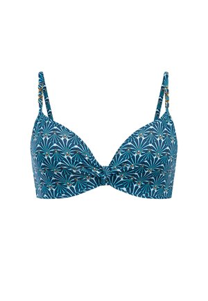 Niebieski top bikini z regulowanymi ramiączkami, ozdobiony geometrycznym wzorem wachlarza i kropek w granatowej i białej kolorystyce.