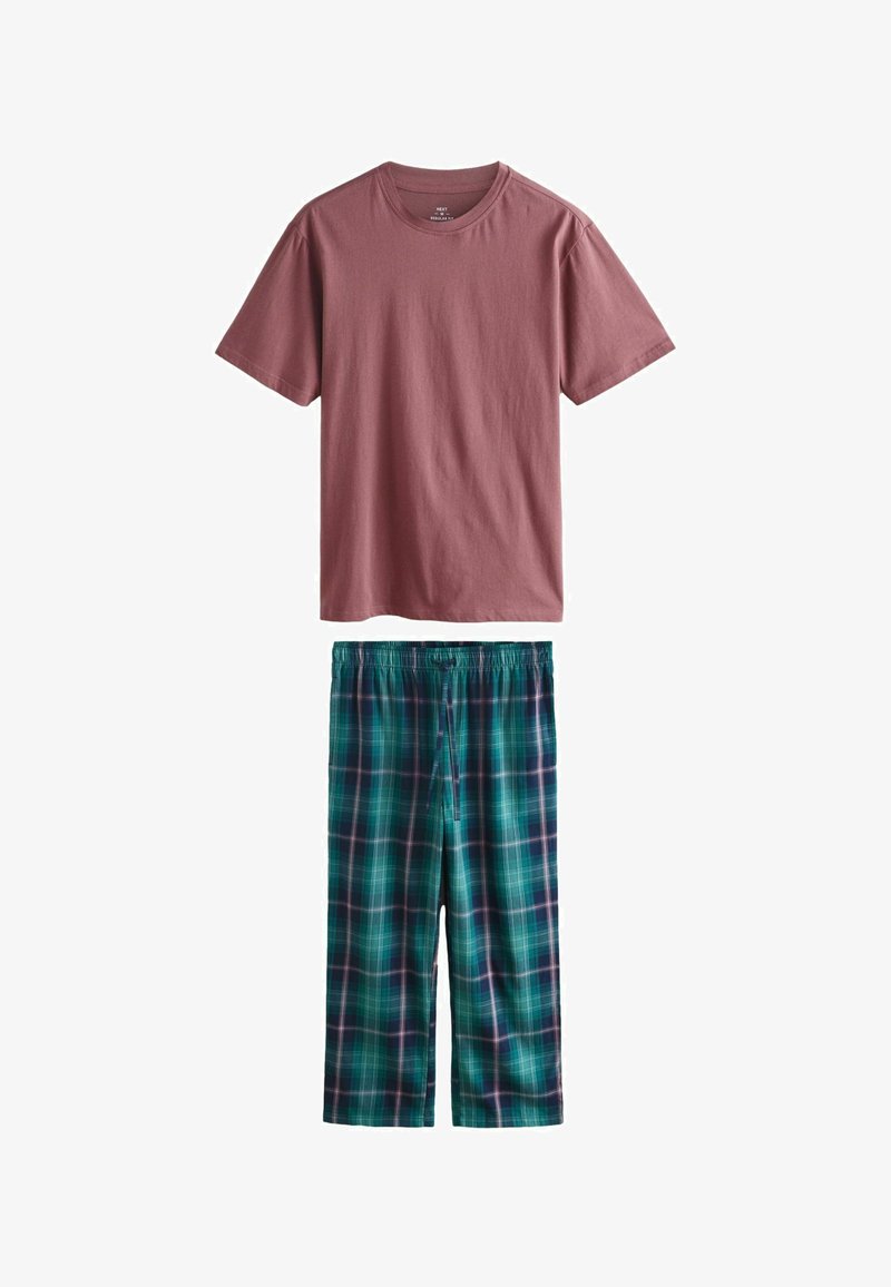 Katoenen loungewear set bestaande uit een T-shirt met korte mouwen in poederroze en een geruite, elastische pyjamabroek in groene, blauwe en paarse tinten.