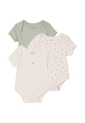 Three short-sleeve baby bodysuits in light green, cream with small coral hearts, and cream with a single coral heart on chest.