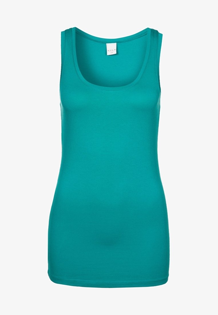 Türkisfarbenes Tanktop aus weichem Stoff, mit Rundhalsausschnitt und schmaler Passform. Keine Muster oder zusätzlichen Details vorhanden.