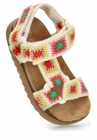 Sandalias para niños con suela marrón, tiras de tela tejida de colores múltiples y hebillas ajustables blancas. Plantilla acolchada suave.