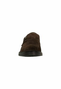 Brown suede slip-on shoe with a round toe, single adjustable strap, and a smooth, textured finish. Rubber sole for durability.