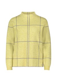 Żółty sweter dzianinowy z wysokim kołnierzem, z odważnym szarym wzorem w kratę i prążkowanymi mankietami. Miękka faktura z luźnym krojem.