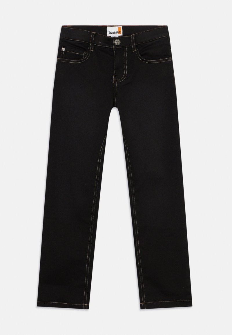 Jean noir droit avec surpiqûres contrastantes, bouton et fermeture éclair à l'avant, cinq poches, et logo Timberland sur l'étiquette à la taille.