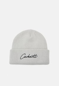 Graue Strickmütze mit gerippter Textur, mit umgeschlagenem Bund und gesticktem "Carhartt"-Logo in Schwarz auf der Vorderseite.