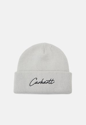 Gray knit beanie with a ribbed texture, featuring a fold-over cuff, and embroidered "Carhartt" logo in black on the front.