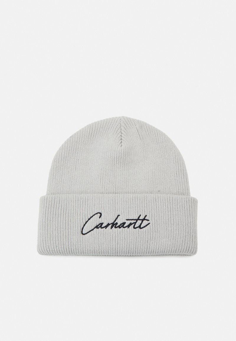 Graue Strickmütze mit gerippter Textur, mit umgeschlagenem Bund und gesticktem "Carhartt"-Logo in Schwarz auf der Vorderseite.