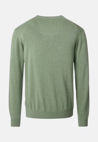 Vaaleanvihreä pitkähihainen neulepusero, jossa on röyhelöhuulet ja helma, nähtynä takaa yksinkertaisella vaalealla taustalla.