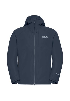 Navy waterproof jacket with a high collar and zip front. Features adjustable cuffs and the brand logo on the chest. Lightweight, smooth texture.