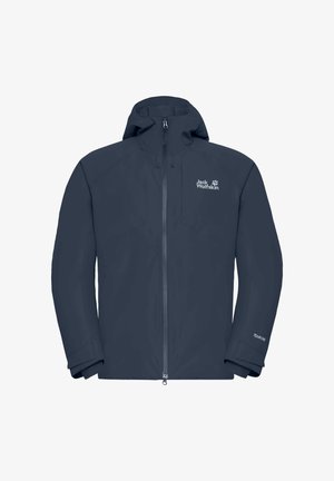 Navy waterproof jacket with a high collar and zip front. Features adjustable cuffs and the brand logo on the chest. Lightweight, smooth texture.