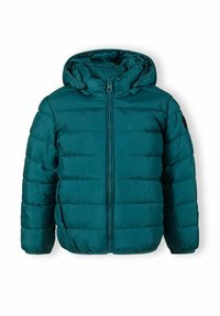Teal puffjacka med huva, vadderad design, frontdragkedja och elastiska manschetter. Slät textur med en något glänsande yta.