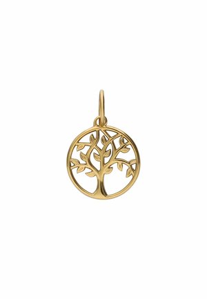 Pendentif circulaire en or avec un design d'arbre présentant des branches et des feuilles à l'intérieur du cadre, ainsi qu'une petite boucle pour une chaîne.