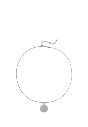 Silver necklace with round pendant featuring a geometric floral design decorated with small colored stones on a thin chain.