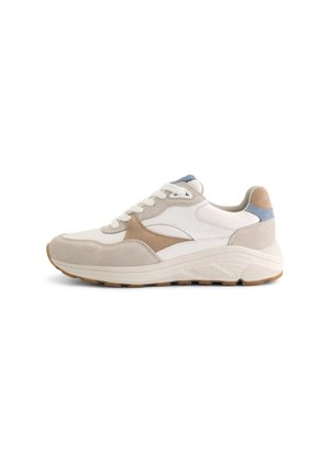 Sneakers feature a combination of white leather and beige suede, with blue accents, a textured rubber sole, and classic lace-up design.