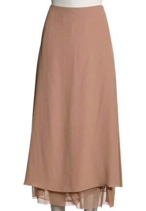 Jupe midi marron clair avec un ourlet asymétrique et une sous-couche transparente, présentée sur un buste de mannequin blanc.