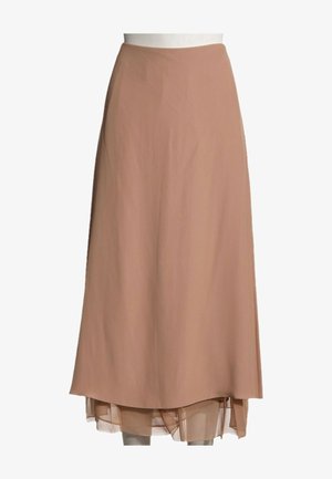 Jupe midi marron clair avec un ourlet asymétrique et une sous-couche transparente, présentée sur un buste de mannequin blanc.