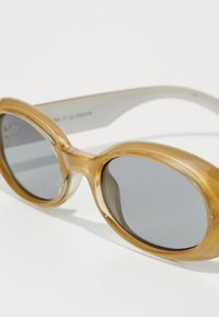 Lunettes de soleil surdimensionnées teintées brunes avec une finition brillante. Verres gris et branches de couleur claire, avec un design de cadre lisse et arrondi.