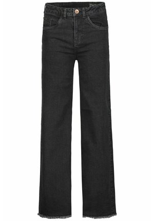 Schwarze, hoch Taillierte Jeans mit geradem Bein, vorderen Taschen, Knopfverschluss, Gürtelschlaufen und ausgefransten Säumen am unteren Rand.