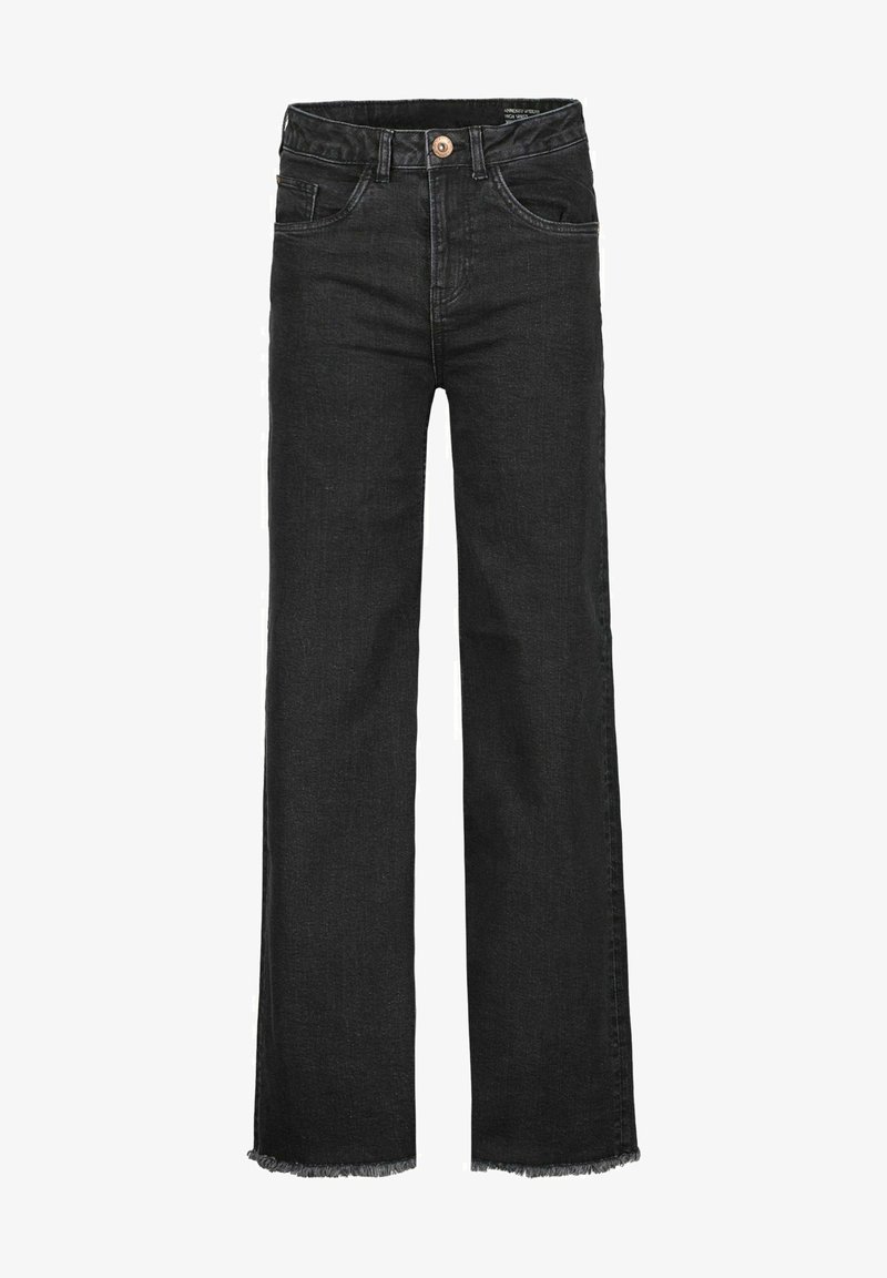 Jean noir taille haute à jambes droites avec poches avant, fermeture à boutons, passants pour ceinture et ourlets effilochés en bas.