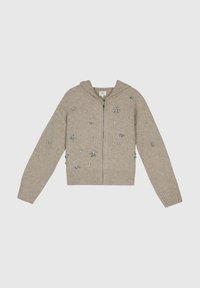 Sweat-shirt zippé beige en tissu tricoté, avec un ourlet côtelé et embelli d'appliqués argentés sur le devant et les manches.