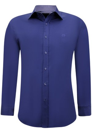 Marineblauwe button-up shirt met lange mouwen, gemaakt van gladde stof, met een contrasterende kraag en een klein geborduurd logo op de borst.