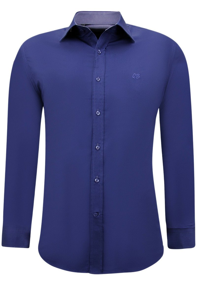 Marineblauwe button-up shirt met lange mouwen, gemaakt van gladde stof, met een contrasterende kraag en een klein geborduurd logo op de borst.