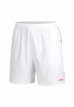 Witte sportshorts met een elastische tailleband en een klein rood logo op het onderste linkerbeen en een rode streep aan de zijkant.