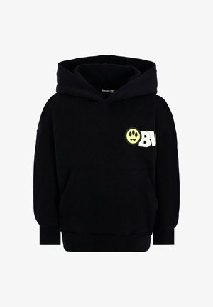 Felpa nera con cappuccio, dotata di tasca frontale, grande logo bianco "BV" e grafiche con faccina sorridente gialla con zanne sul petto.