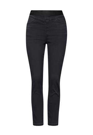 Černé skinny džíny z denimu s hladkou texturou, vysokým pasem, klasickým pětivreckovým designem a jemnými stehy.