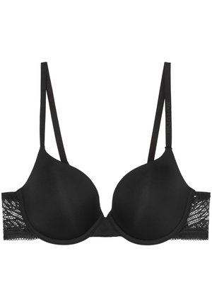 Reggiseno imbottito nero con coppe lisce, spalline sottili regolabili e dettagli in pizzo sui lati. Il band presenta una chiusura con gancio e occhiello.
