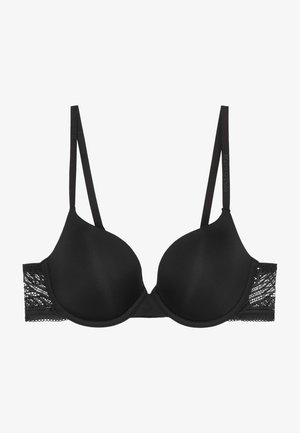 Sort polstret bh med glatte skåle, justerbare tynde stropper og blonderdetaljer på siderne. Båndet har en hægte- og øjnelukning.