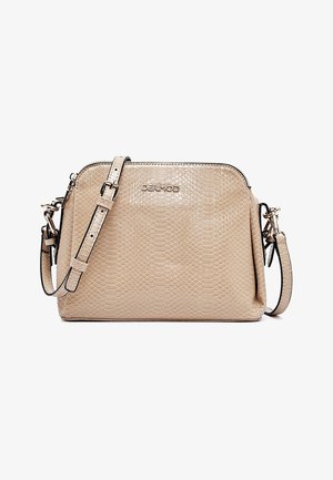 Beige crossbodytas met slangenhuidstructuur, verstelbare riem en metalen "DERIMOD"-logo aan de voorkant.