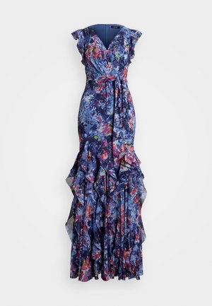 Multicolored floral maxi dress with ruffled sleeves and layered skirt, featuring shades of blue, pink, and green in a flowing fabric design.