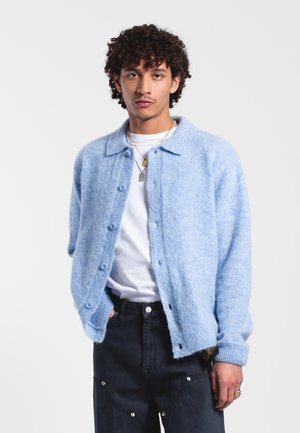 Młody mężczyzna o kręconych włosach, noszący warstwowe naszyjniki, jasnoniebieski, miękki kardigan na guziki, białą koszulę i ciemne spodnie na jednolitym tle.