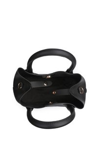 Black leather handbag with smooth texture, two rounded handles, and interior hardware details. Open top showcasing interior compartments.