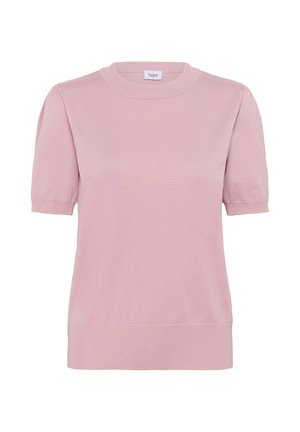 Pull léger rose à manches courtes en tissu tricoté doux. Il présente un décolleté rond et un subtil détail d'épaule bouffante. Texture lisse.