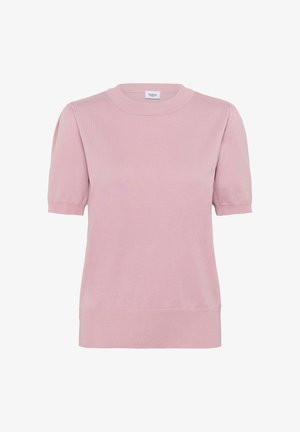 Gaiši rozā īsām piedurknēm džemperis no mīksta adījuma. Ar apaļu kakla izgriezumu un smalku puffed plecu detaļu. Gluda tekstūra.