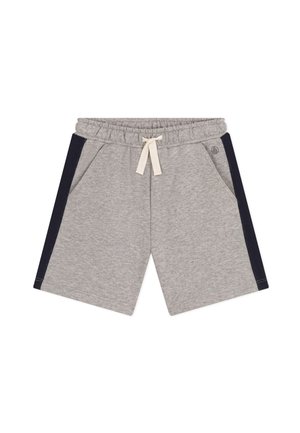 Szare bawełniane szorty z granatowymi bocznymi panelami. Posiadają elastyczny pasek w talii, zapięcie na sznurek oraz dwie przednie kieszenie.