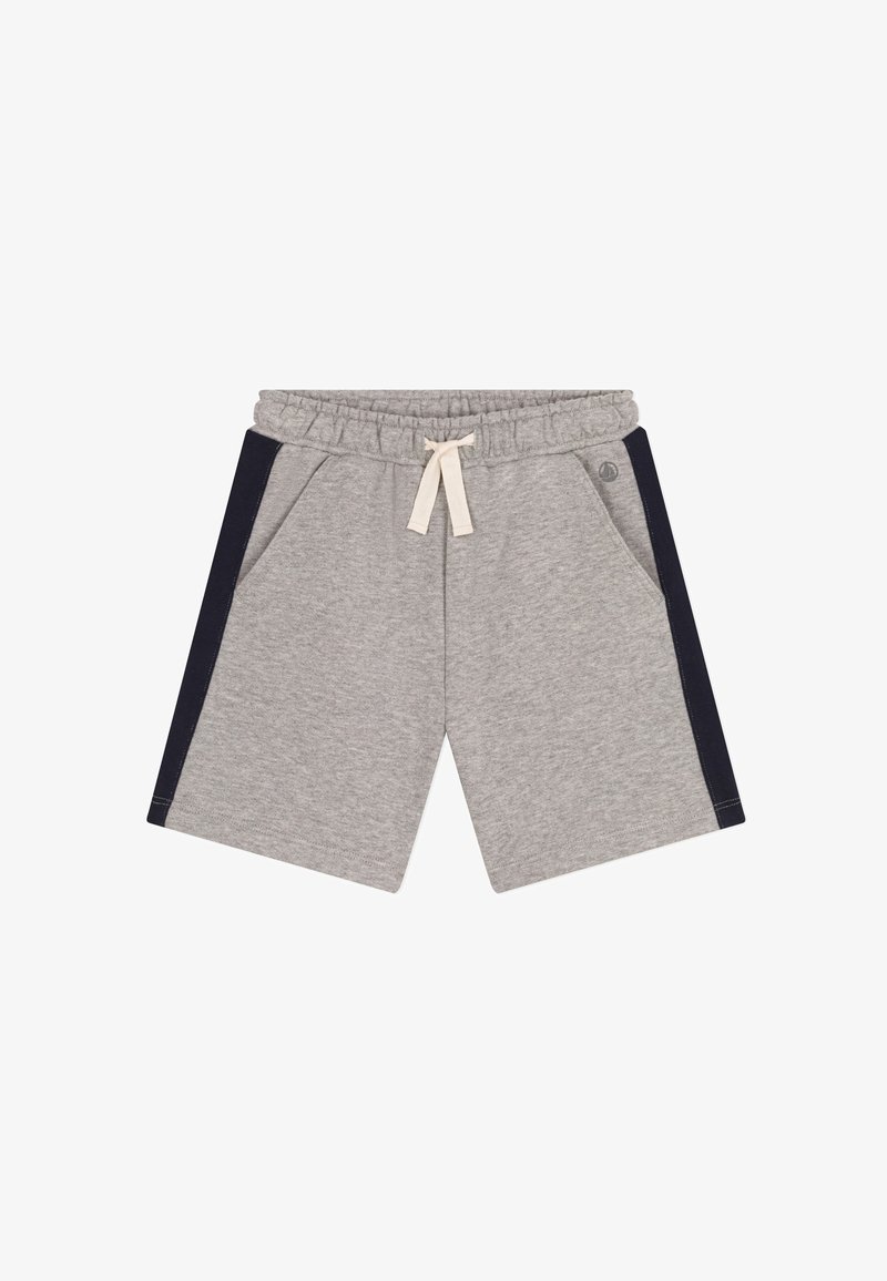 Shorts en coton gris avec des panneaux latéraux bleu marine. Dispose d'une taille élastique, d'une fermeture à cordon et de deux poches avant.