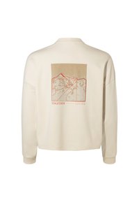Cremfarbenes Sweatshirt mit einer Grafik von Bergen in Rot und Gold auf der Rückseite, mit dem Wort "ZUSAMMEN" darunter.