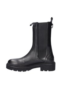 Zwarte enkellaarzen met een gladde leren afwerking, elastische zijpanelen en een gestructureerde rubberen zool. Voorzien van een lusje voor gemakkelijk aan- en uittrekken.