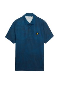 Polo a maniche corte di colore blu scuro con un delicato motivo testurizzato, caratterizzato da una pattina con tre bottoni e un logo di un uccello giallo sul petto.