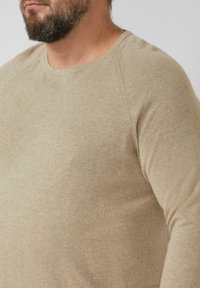 Jasnobeżowy dziany sweter z okrągłym dekoltem, rękawami raglanowymi i miękką fakturą, z subtelnymi detalami przeszyć na szwach.