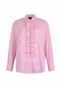 Chemise à manches longues rayée rose avec un détail froncé à l'avant et un accent doré. Elle présente un col classique et une fermeture à boutons au niveau du cou.